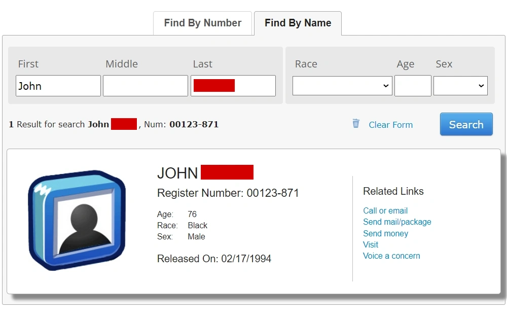 A screenshot of the BOP inmate locator offered by the Federal Bureau of Prisons, where the user can obtain a database to find a subject’s historical criminal details at the federal level.