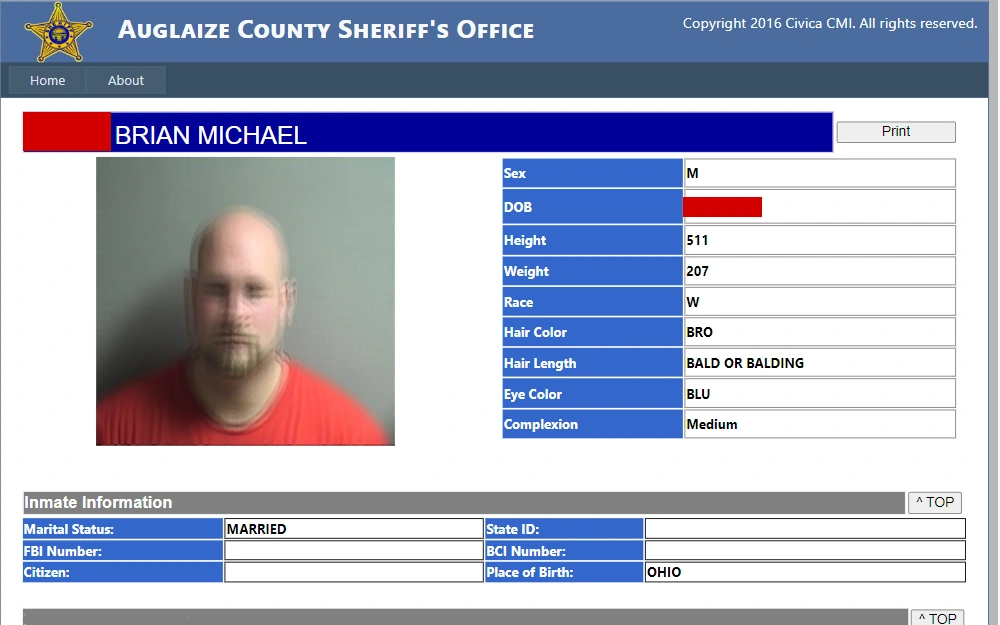 A screenshot of the search tool that allows searching for current inmates at the Auglaize County Jail.