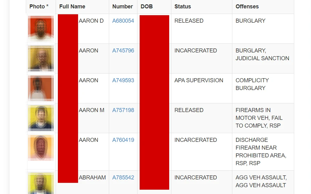 A screenshot of the search tool that provides data on incarcerated individuals that are currently serving time in Ohio prison, currently under department supervision or judicially released.