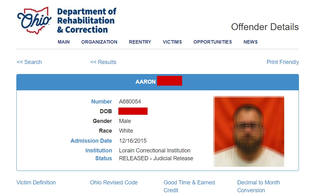 A screenshot of the search tool used to obtain information about incacerated people in Ohio.