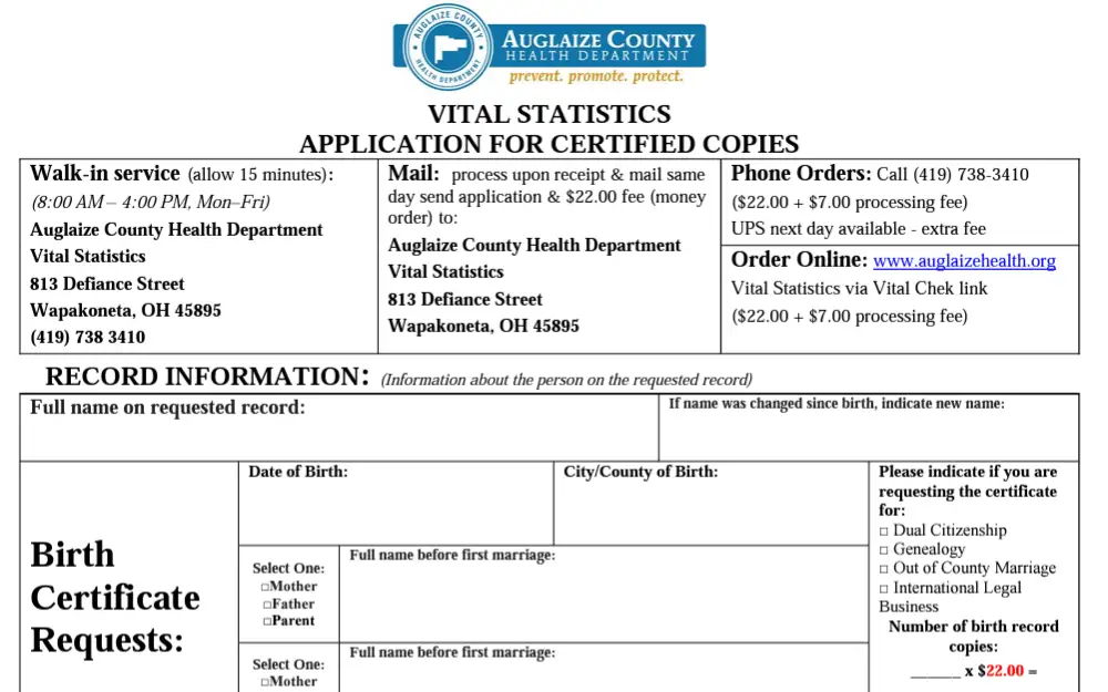 A screenshot of the form used to obtain birth documents in Auglaize County.