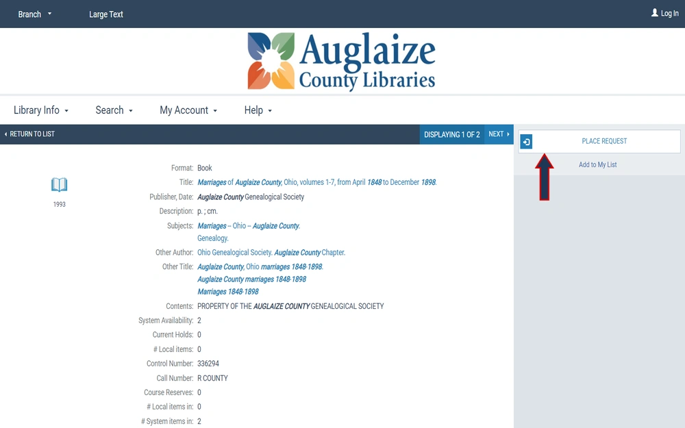 A screenshot of a library catalog entry showing the details of a book titled "Marriages of Auglaize County, Ohio," including its volumes, publication dates, publisher, subjects, and other bibliographic information, available in a county library system.