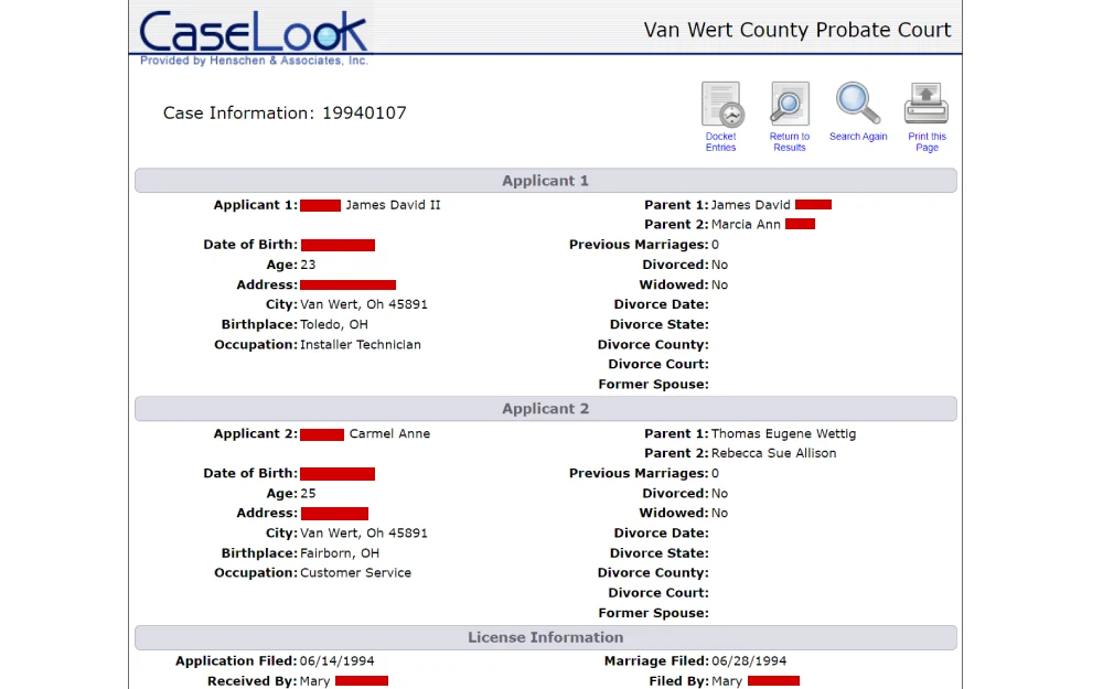 A screenshot from a probate court's digital records, showing detailed marriage application information for two applicants, including names, birth dates, ages, addresses, birthplaces, occupations, parental information, and the number of previous marriages, along with the filing date and the official who received the application.